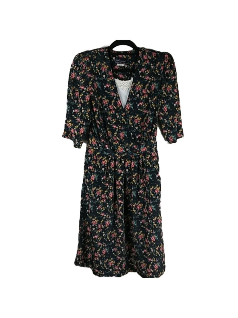 BRELI Originals Vintage Black Floral V-Neck Short Sleeve Prairie Midi Dress